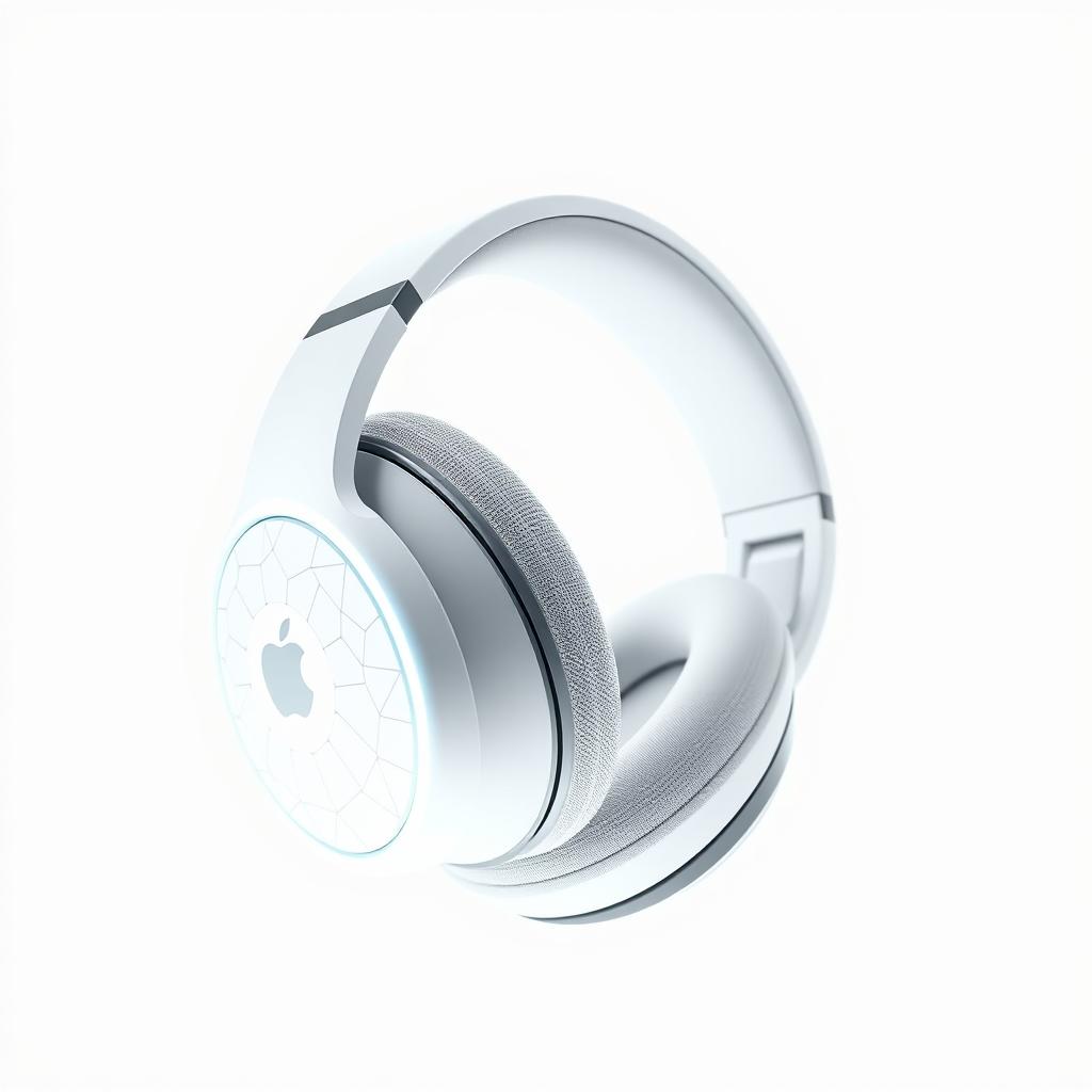 Futuristic pixel-style wireless headphones inspired by Apple design, featuring sleek white and silver tones with a minimalist aesthetic