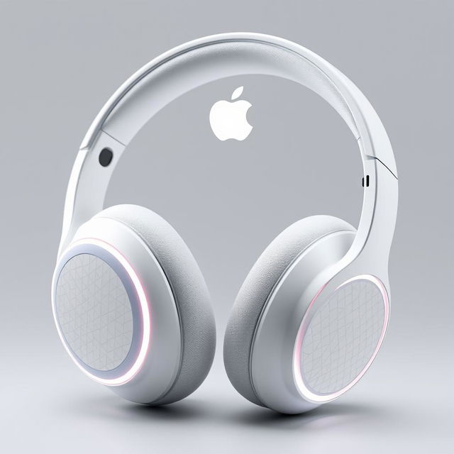 Futuristic pixel-style wireless headphones inspired by Apple design, featuring sleek white and silver tones with a minimalist aesthetic