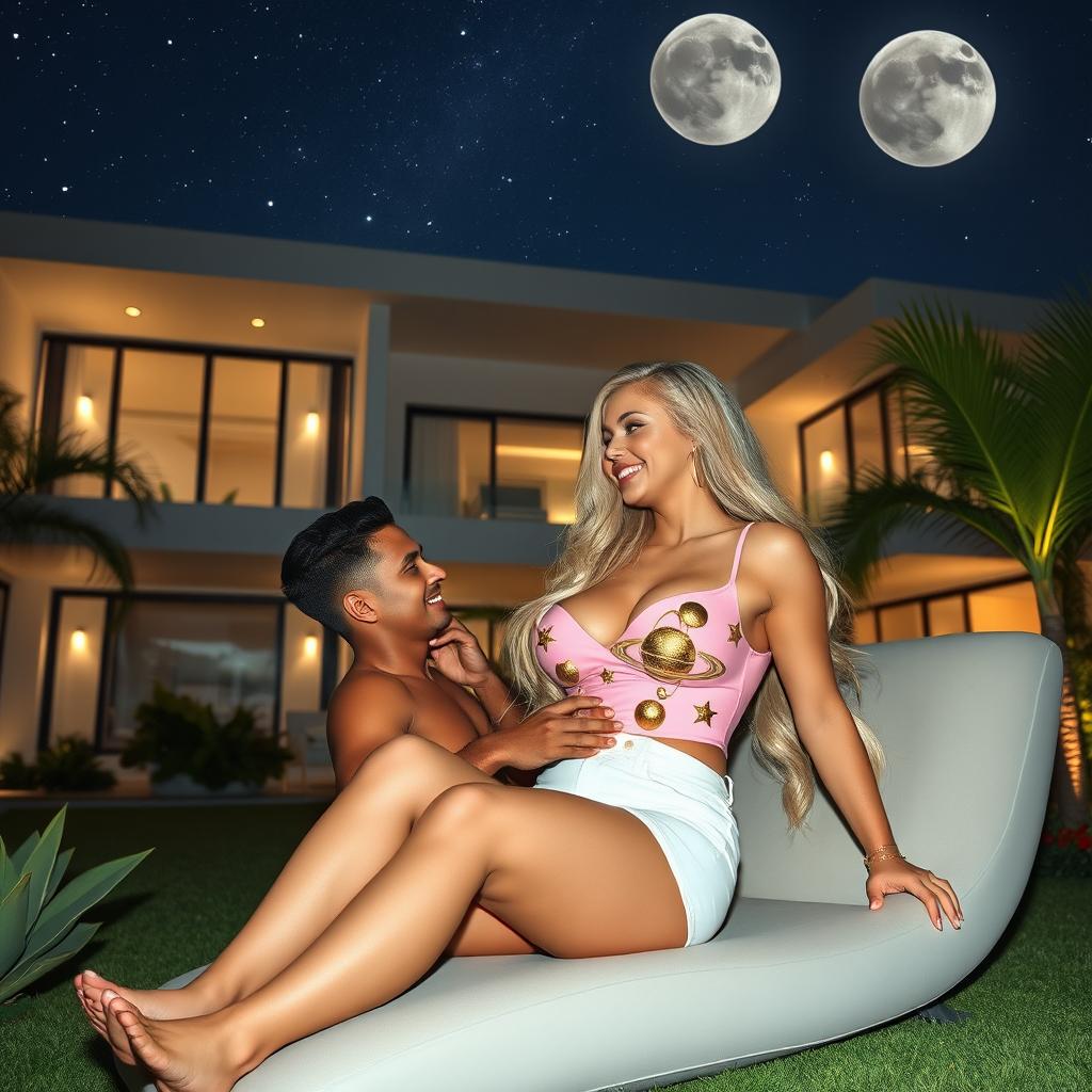 A tall, striking 45-year-old Brazilian woman with long, flowing blonde hair and voluptuous figure, including a 42DD bust, elegantly reclined in the garden of a three-story futuristic house