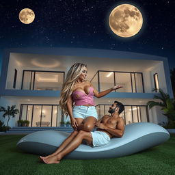 A tall, striking 45-year-old Brazilian woman with long, flowing blonde hair and voluptuous figure, including a 42DD bust, elegantly reclined in the garden of a three-story futuristic house