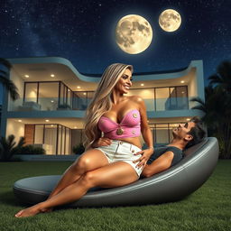 A tall, striking 45-year-old Brazilian woman with long, flowing blonde hair and voluptuous figure, including a 42DD bust, elegantly reclined in the garden of a three-story futuristic house