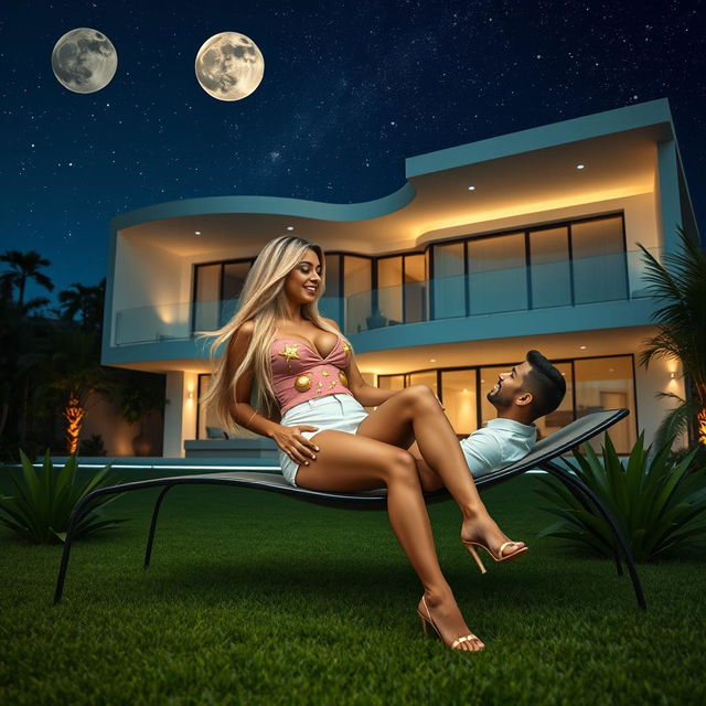 A tall, striking 45-year-old Brazilian woman with long, flowing blonde hair and voluptuous figure, including a 42DD bust, elegantly reclined in the garden of a three-story futuristic house