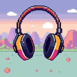 Retro 8-bit graphics style wireless headphones, featuring vibrant colors and blocky pixelated design