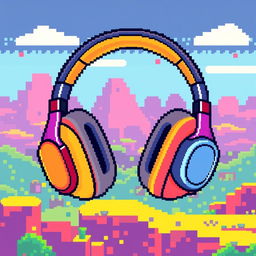 Retro 8-bit graphics style wireless headphones, featuring vibrant colors and blocky pixelated design