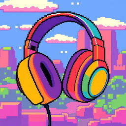 Retro 8-bit graphics style wireless headphones, featuring vibrant colors and blocky pixelated design