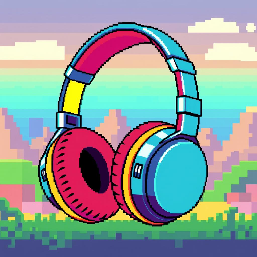 Retro 8-bit graphics style wireless headphones, featuring vibrant colors and blocky pixelated design