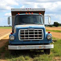 A 1973 International Loadstar truck parked in a rural setting, showcasing its classic design with a robust front grille, round headlights, and a vintage blue paint job