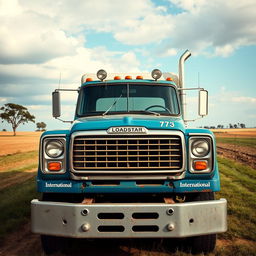 A 1973 International Loadstar truck parked in a rural setting, showcasing its classic design with a robust front grille, round headlights, and a vintage blue paint job