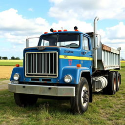 A 1973 International Loadstar truck parked in a rural setting, showcasing its classic design with a robust front grille, round headlights, and a vintage blue paint job