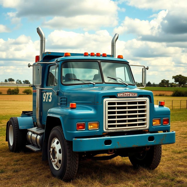 A 1973 International Loadstar truck parked in a rural setting, showcasing its classic design with a robust front grille, round headlights, and a vintage blue paint job