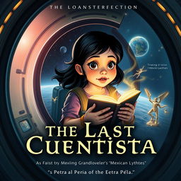 A captivating book cover for "The Last Cuentista," featuring Petra Peña, a young girl with dark hair and an inquisitive expression, floating in a futuristic spaceship