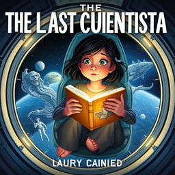 A captivating book cover for "The Last Cuentista," featuring Petra Peña, a young girl with dark hair and an inquisitive expression, floating in a futuristic spaceship