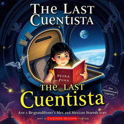 A captivating book cover for "The Last Cuentista," featuring Petra Peña, a young girl with dark hair and an inquisitive expression, floating in a futuristic spaceship