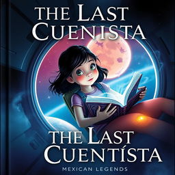 A captivating book cover for "The Last Cuentista," featuring Petra Peña, a young girl with dark hair and an inquisitive expression, floating in a futuristic spaceship