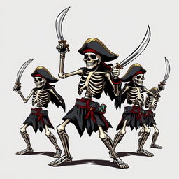 A clothing design concept featuring skeleton pirates striking dynamic poses, each brandishing intricately detailed pirate swords