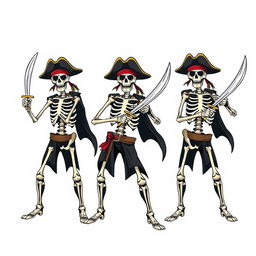 A clothing design concept featuring skeleton pirates striking dynamic poses, each brandishing intricately detailed pirate swords