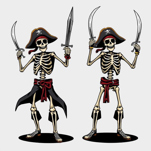 A clothing design concept featuring skeleton pirates striking dynamic poses, each brandishing intricately detailed pirate swords