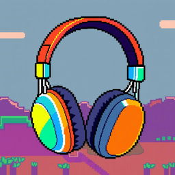 Retro 8-bit graphics style wireless headphones, featuring vibrant colors and blocky pixelated design