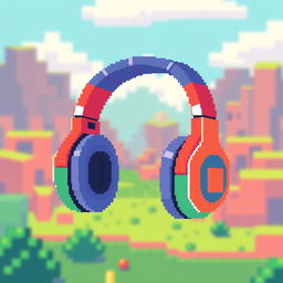 Retro 8-bit graphics style wireless headphones, featuring vibrant colors and blocky pixelated design