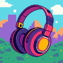 Retro 8-bit graphics style wireless headphones, featuring vibrant colors and blocky pixelated design