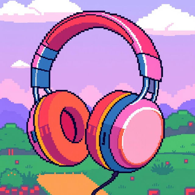 Retro 8-bit graphics style wireless headphones, featuring vibrant colors and blocky pixelated design