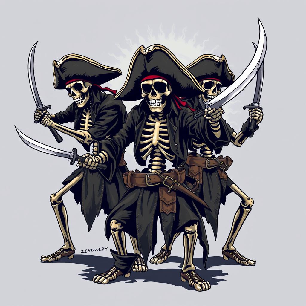 A clothing design concept featuring skeleton pirates in dramatic poses, each wielding intricately detailed pirate swords