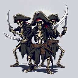 A clothing design concept featuring skeleton pirates in dramatic poses, each wielding intricately detailed pirate swords