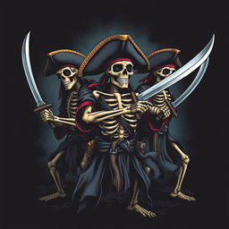 A clothing design concept featuring skeleton pirates in dramatic poses, each wielding intricately detailed pirate swords