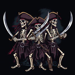 A clothing design concept featuring skeleton pirates in dramatic poses, each wielding intricately detailed pirate swords