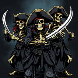 A clothing design concept featuring skeleton pirates in dramatic poses, each wielding intricately detailed pirate swords