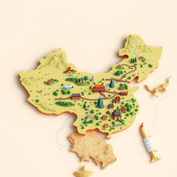 an illustrative miniature map of China, showcasing its diverse landscapes and iconic landmarks such as the Great Wall, the Forbidden City, and the Yangtze River