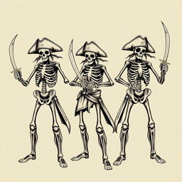 A clothing design concept showcasing realistic or sketch-style skeleton pirates in dramatic poses, each gripping detailed pirate swords