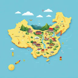 an illustrative miniature map of China, showcasing its diverse landscapes and iconic landmarks such as the Great Wall, the Forbidden City, and the Yangtze River