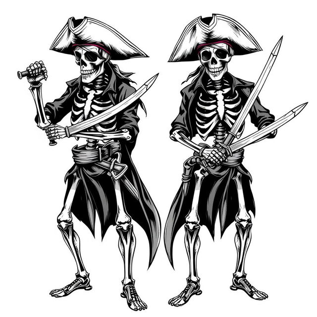 A clothing design concept showcasing realistic or sketch-style skeleton pirates in dramatic poses, each gripping detailed pirate swords