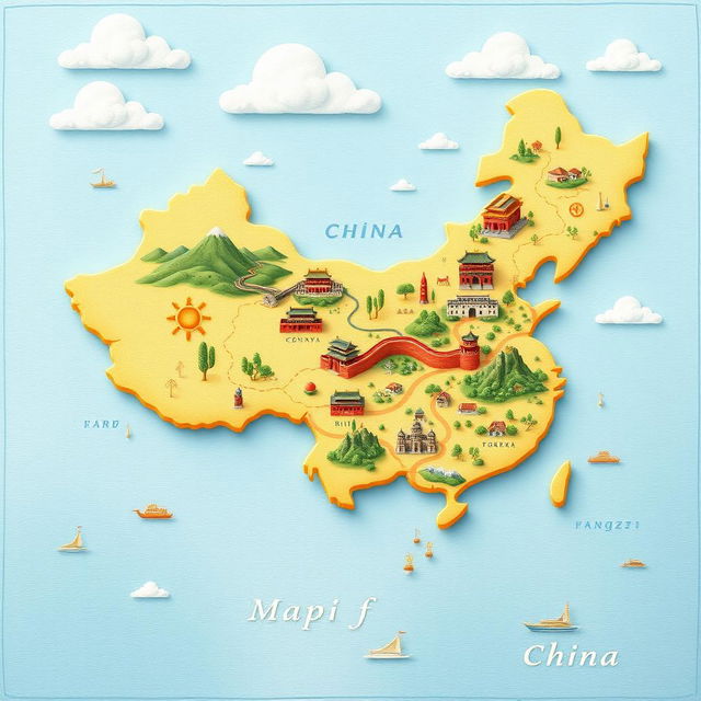 an illustrative miniature map of China, showcasing its diverse landscapes and iconic landmarks such as the Great Wall, the Forbidden City, and the Yangtze River