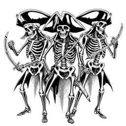 A clothing design concept showcasing realistic or sketch-style skeleton pirates in dramatic poses, each gripping detailed pirate swords