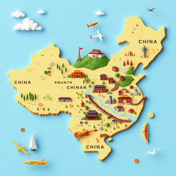 an illustrative miniature map of China, showcasing its diverse landscapes and iconic landmarks such as the Great Wall, the Forbidden City, and the Yangtze River