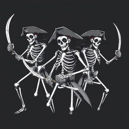 A clothing design concept showcasing realistic or sketch-style skeleton pirates in dramatic poses, each gripping detailed pirate swords