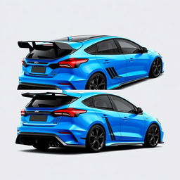 an innovative AWD hatchback coupe inspired by the 2024 Ford Focus ST, showcasing a sleek design with two front doors and two rear suicide doors, all without visible door handles for a streamlined appearance