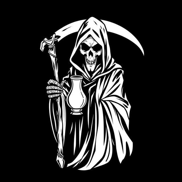 A striking black and white graphic design featuring a grim reaper holding a scythe and a glass lamp