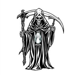 A striking black and white graphic design featuring a grim reaper holding a scythe and a glass lamp