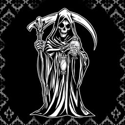 A striking black and white graphic design featuring a grim reaper holding a scythe and a glass lamp