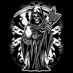 A striking black and white graphic design featuring a grim reaper holding a scythe and a glass lamp