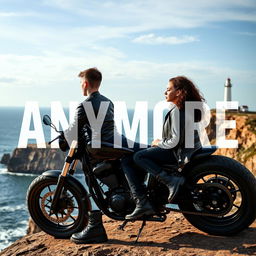 A young teenage biker with short hair, wearing a leather jacket, black pants, black boots, and tattoos, sitting on a custom motorcycle on a cliff