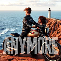 A young teenage biker with short hair, wearing a leather jacket, black pants, black boots, and tattoos, sitting on a custom motorcycle on a cliff