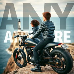 A young teenage biker with short hair, wearing a leather jacket, black pants, black boots, and tattoos, sitting on a custom motorcycle on a cliff