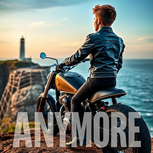 A young teenage biker with short hair, wearing a leather jacket, black pants, black boots, and tattoos, sitting on a custom motorcycle on a cliff