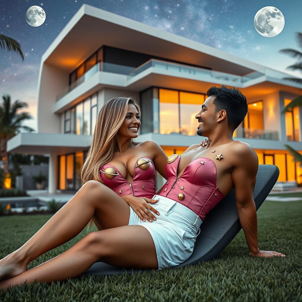 A tall, sexy 45-year-old Brazilian woman with long, straight blonde hair and a voluptuous, 42DD bust, is elegantly reclined in the garden of a futuristic three-story house