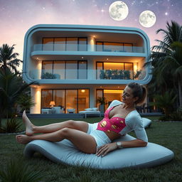 A tall, sexy 45-year-old Brazilian woman with long, straight blonde hair and a voluptuous, 42DD bust, is elegantly reclined in the garden of a futuristic three-story house