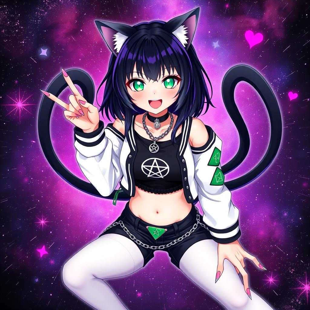 Anime-style illustration of a 27-year-old girl with cat ears and two black cat tails